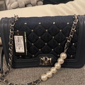 Badgley Mischka Denim Quilted Crossbody Bag with Chain and Pearl Accents NWT